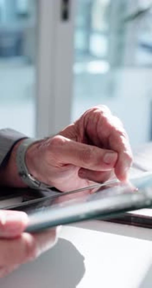Office, scroll and hands of businessman on tablet for investment research