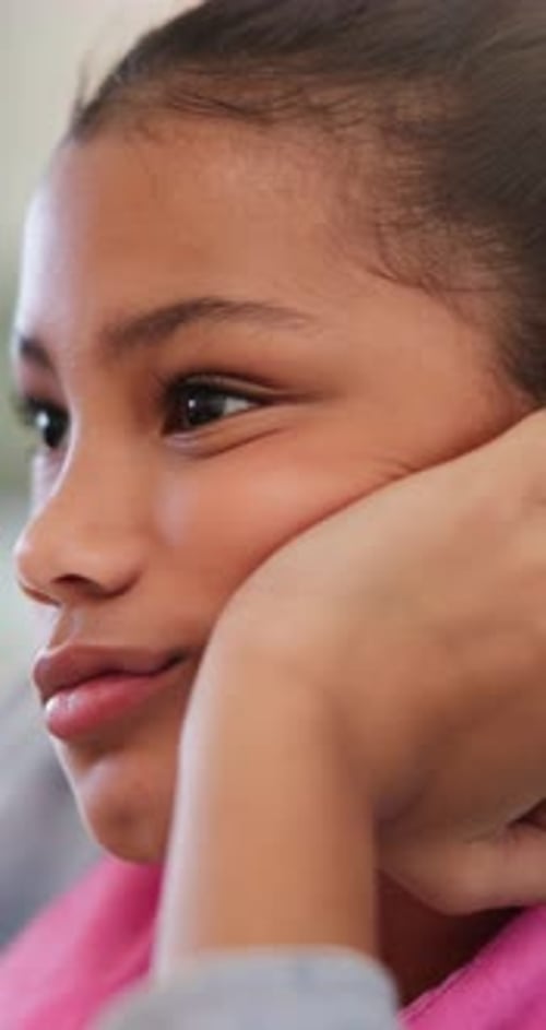 Bored, education or listening with girl child in classroom for development, future or growth