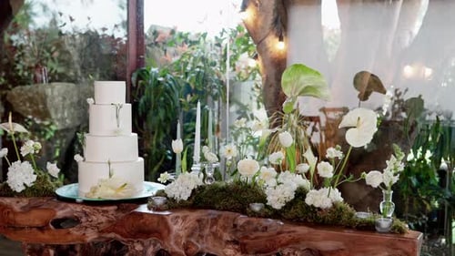 Wedding Cake Surrounded by White Flowers and Candles