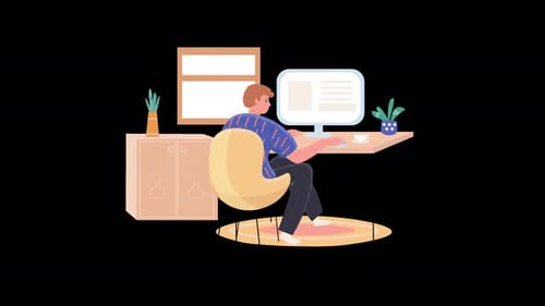 Animated Flat Design Illustration of Person Working at Computer Desk
