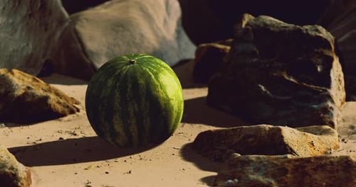 Realistic Watermelon on Desert Sand with Rocks Scene