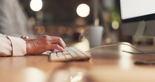 Hands, business or woman typing on computer in office, working on email