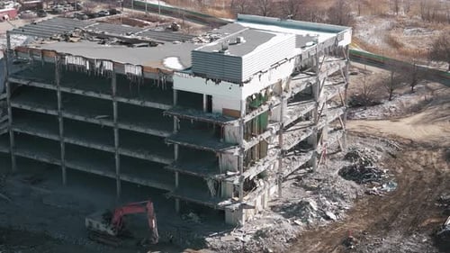 Aerial Wide Shot of Destroyed Buildings Demolition of the Building Drone Shot of Destroyed Buildings