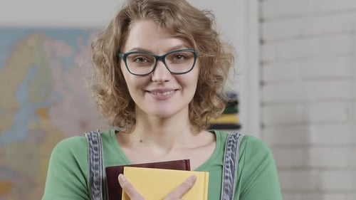 Female Teacher in Glasses in the Classroom Student Cheerful Smiling Female Teacher Smiling Girl