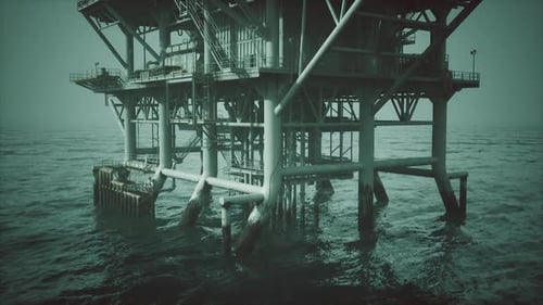 Old Oil Platform Stands Resilient in the Calm Ocean Water at Sunrise