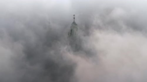 Wawel Castle during foggy sunrise, Krakow, Poland - slow movement