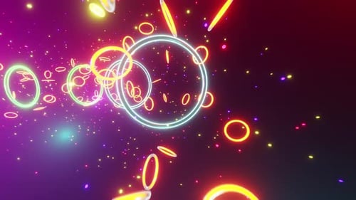 Abstract Tunnel of Glowing Neon Rings and Particles