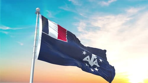 Realistic French Southern And Antarctic Lands Flag Waving Against Sky