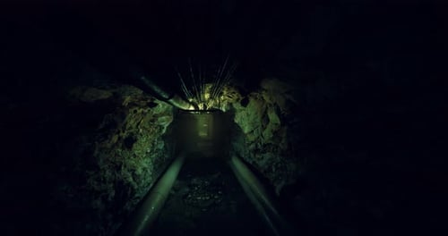 Enclosed Wet Passage with Parallel Tracks Leading to Bright Opening in Distance