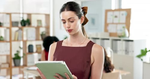 Tablet, startup and businesswoman in office with research for creative project with publishing