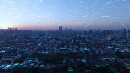 intelligente, vernetzte Stadtsilhouette. Futuristisches Netzwerkkonzept, City Technology