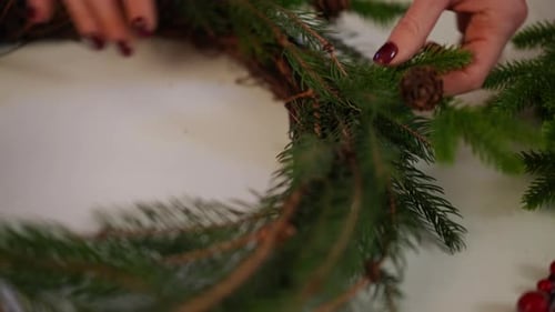 Closeup Female Hand Inserting Green Fir Branch with Pine Cone in Christmas Wreath