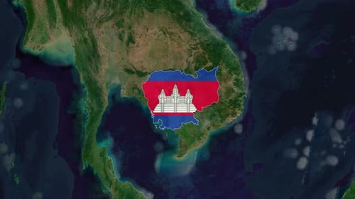 Global Satellite Map Zoom to Cambodia with Flag Reveal