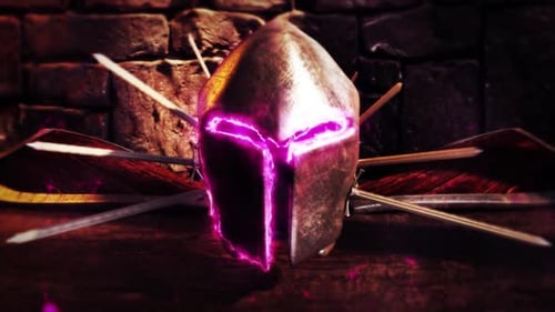 Epic Spartan Helmet Reveal with Glowing Energy and Arrows