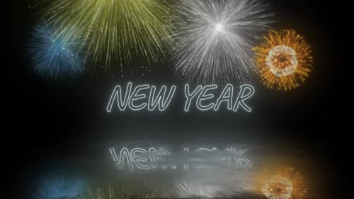 New Year Neon Text with Fireworks Animation