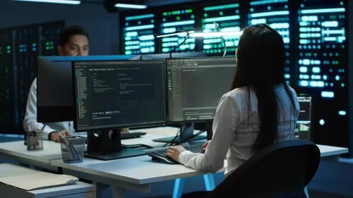 Engineer Using Augmented Reality Tech in Data Center Installing Software