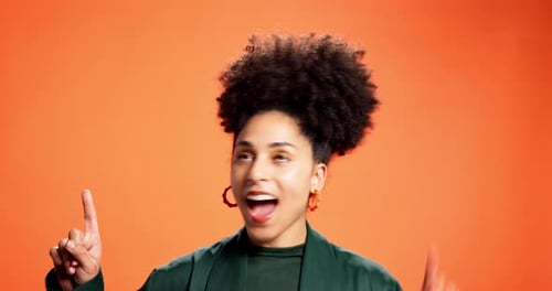 Dancing, choice or face of woman with pointing in studio for retail option, promo decision or offer