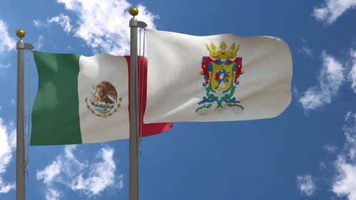 Mexican and Mexico City Flags Waving in Wind