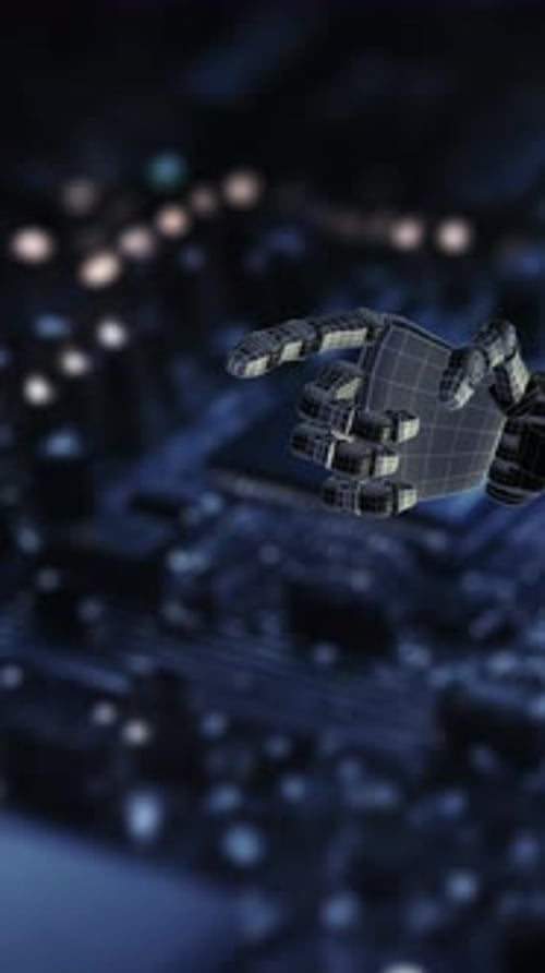 Nahaufnahme einer Roboterhand, die mit einem virtuellen Panel in einem digitalen Raum interagiert