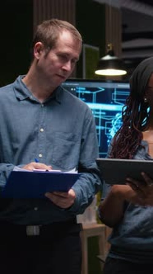 Vertical Video Portrait of Smiling Engineers in Office Developing Machine Learning Algorithms