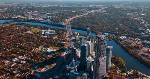 Footage over the high-rise architecture of Austin, Texas, USA located at the waterfront
