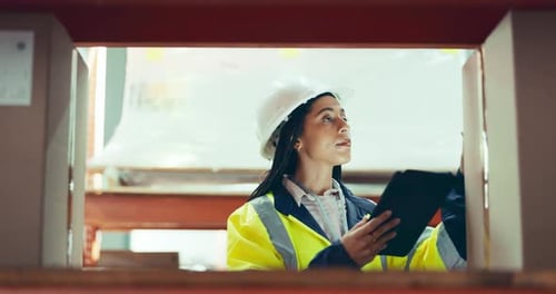 Engineering, tablet and woman in a warehouse doing inventory, stock take or distribution