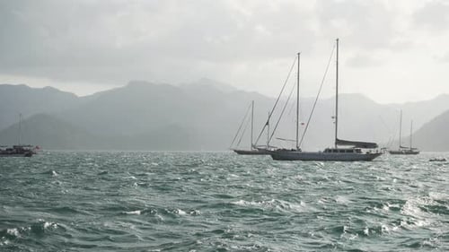 Awesome view of yachts in the stormy sea, Marmaris, Turkey