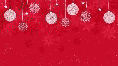 Festive Red Christmas Background with Hanging Ornaments and Snowflakes