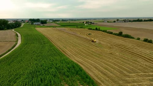 Aerial view of a yellow combine harvester working on a wheat field with distinct harvesting lines. A