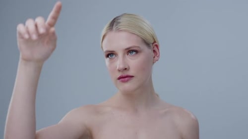 Woman uses virtual touch screen