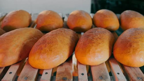 Wheat Bread is Cooling on the Shelves of the Bakery