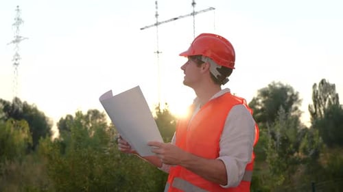 Smiling Engineer Reviews Plans Near Electrical Towers