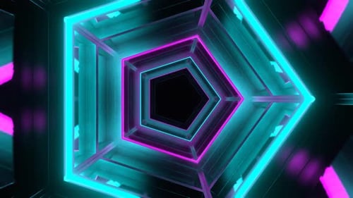 Cyan And Pink Neon Mirrored Pentagonal Tunnel Background Vj Loop In HD
