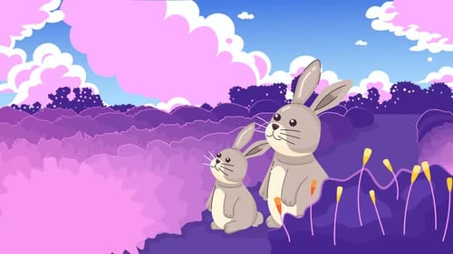 Hasen im Lavendelfeld Kawaii Lo Fi animierter Zeichentrickhintergrund