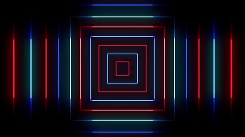 Futuristic neon tunnel with glowing squares