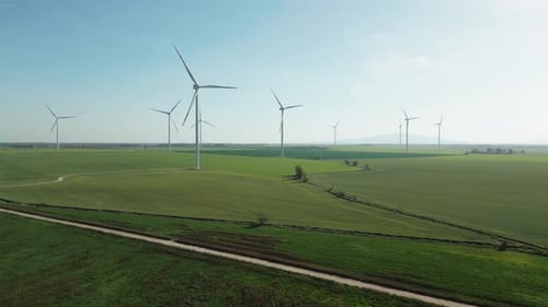 Ecology Wind Turbines Produce Energy in the Green Field Modern Power Plant Alternative Energy