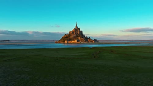 Aerial View of the Famous Historic Abbey Mont Saint Michel Historic Monastery with Tidal Flats