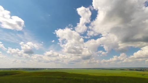 summer landscape with cloudy sky, view from hill, timelapse, 4k