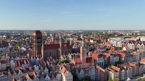 Aerial Video Shot By Drone Over the Historic Tourist Center of Gdansk the City Hall and the