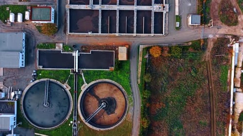 Flight over the territory of modern waste water treatment plant.