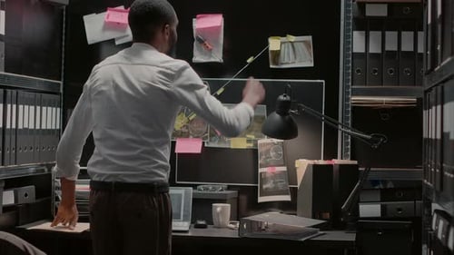 Intense Detective Working in Dimly Lit Office