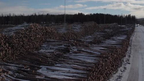 Cinematic aerial shot of stacked timber in the snow