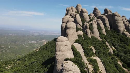 Aerial views of Montserrat peaks, a mountain range in Catalonia