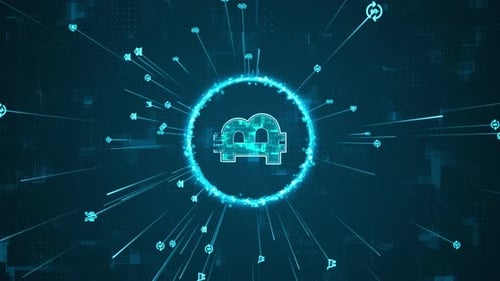 Glowing Bitcoin Cryptocurrency Icon with Digital Data Stream