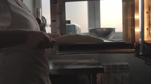 Woman Hands Putting Prepared Bread Dough to Oven Baking Home Made Loaf Bread Bakery Shop