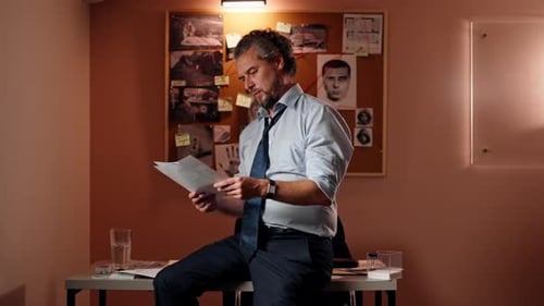 in the Detective's Office Middleaged Investigator in a Shirt and Tie Examines with a Magnifying
