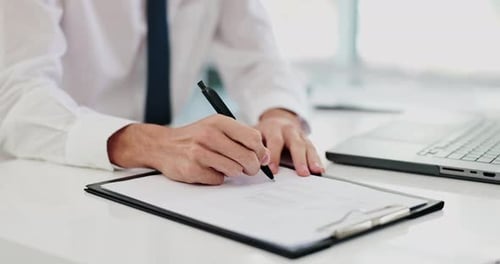 Writing, hands and laptop with business man with schedule, calendar and administration paperwork