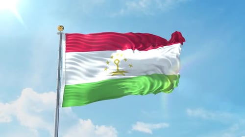 Tajikistan Flag Waving on Flagpole with Blue Sky Background