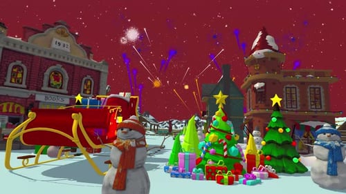 Festive Christmas Village with Santa's Sleigh and Fireworks