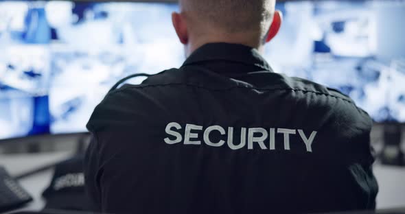 Security guard, computer screen and cctv surveillance on monitor for ...